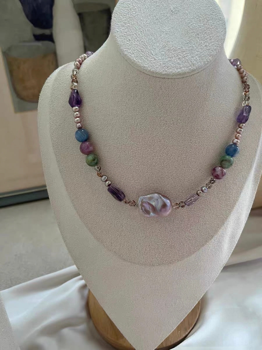#PN1295 purple star | Freshwater pearl necklace 45cm metallic purple baby freshwater pearls mermaid baroque green & purple lepidolite kyanite high quality amethyst
