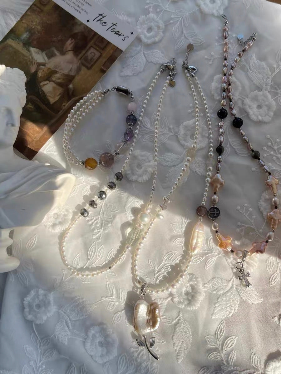 #PN1285 Freshwater pearl necklace golden tulip pearl flower 3mm mini pearls hematoid moonstone Detachable pendant 41+5cm rainbow lustre