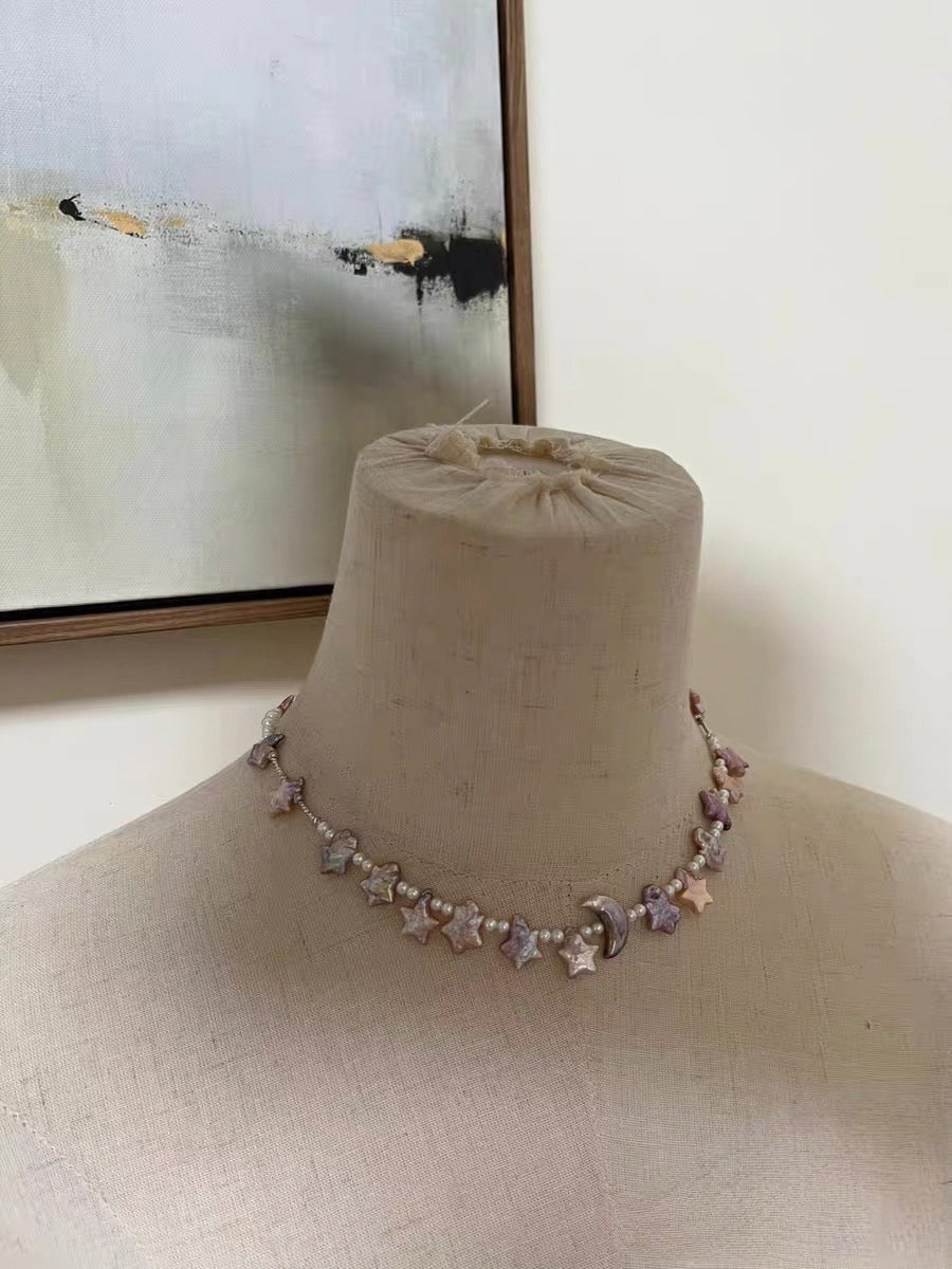 #PN1289 dancing under starlight | Freshwater pearl necklace 40cm-43cm moon & star rainbow-like lustrous golden purple color rare baby freshwater pearl