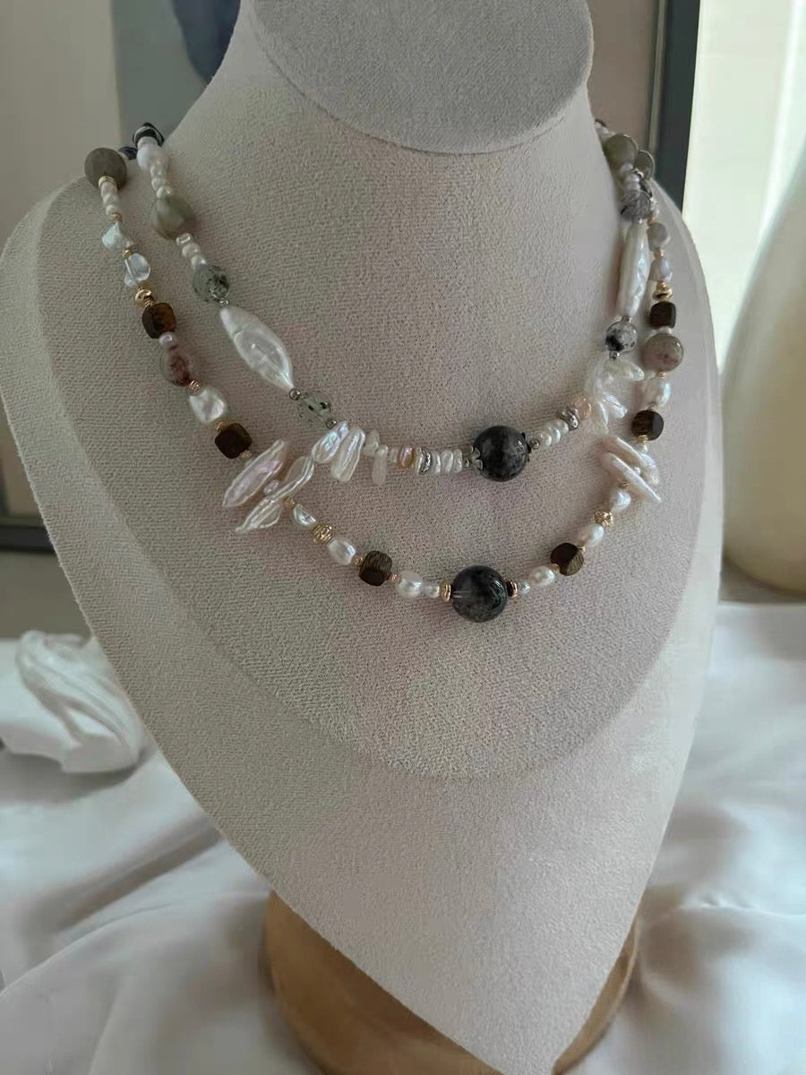 #PN1290 Monet Garden | Freshwater pearl necklace 45cm phantom quartz feather pattern baroques sandal wood square green lepidolite thousand layer phantom garden quartz