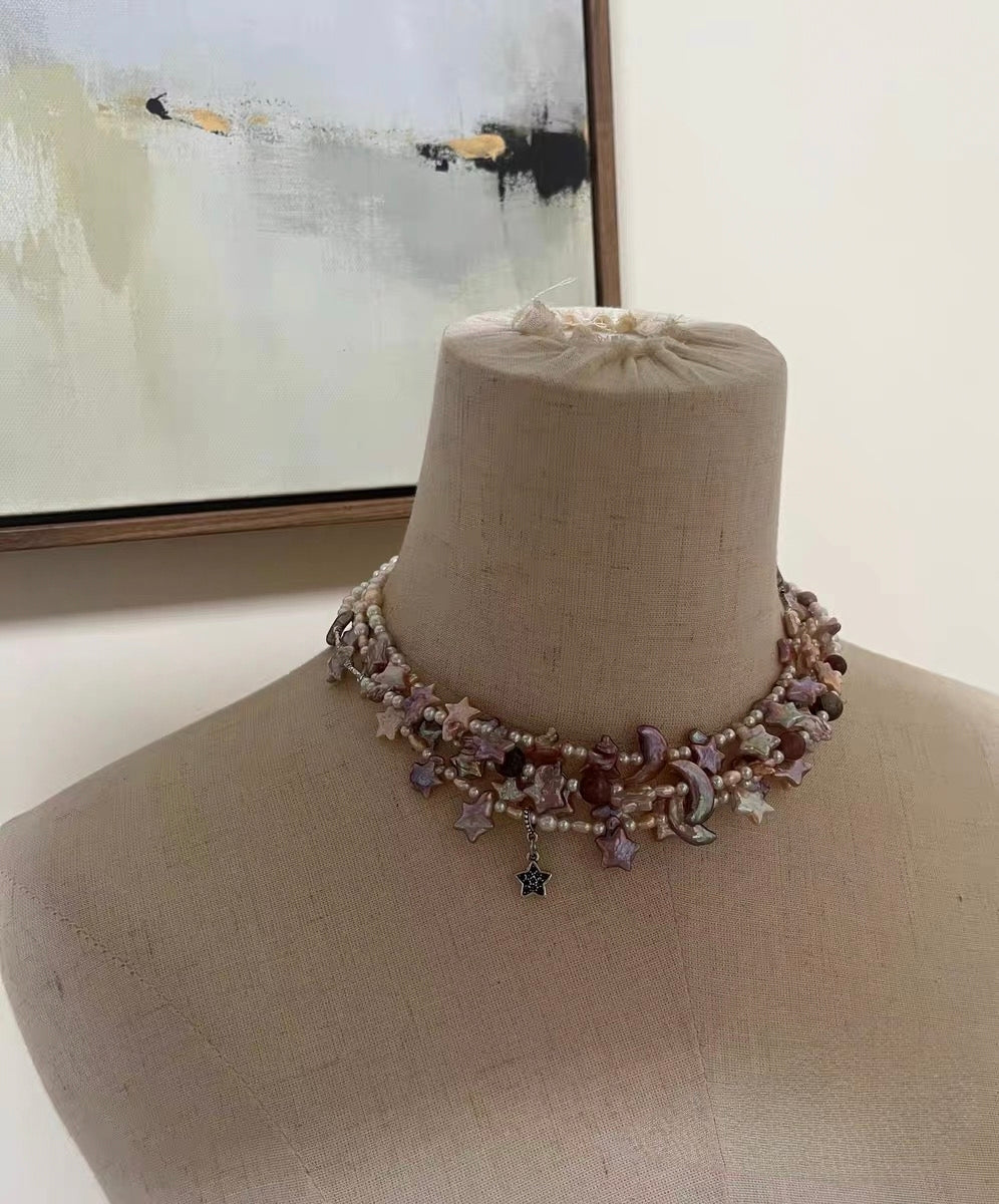 #PN1293 Moon & Star Series | Freshwater pearl necklace 44-45cm pink-purple star metallic champagne gradient moon baroque pearl black golden rabbit hair rutilated quartz