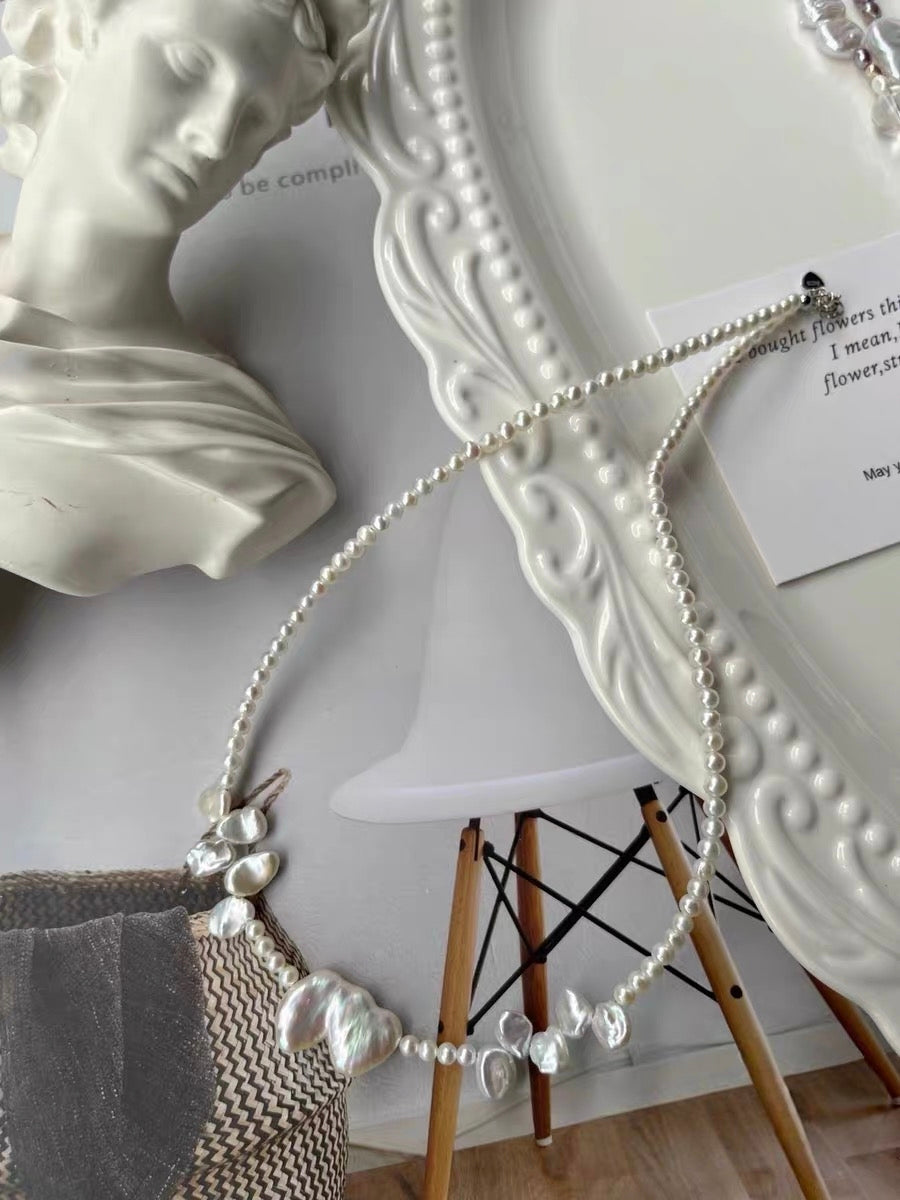 #PN1294 Freshwater pearl necklace heart linked as one shape blue lustre petal baroque kunzite faceted amethyst fluorite hulu shaped baroque