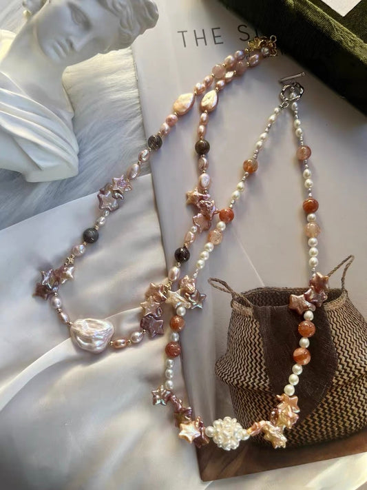 #PN1334 The Muse Edition | Starry Sky | Freshwater pearl necklace star shaped baroque pearls purple lustrous flower ball golden sunstone tsavorite pink-lustre irregular big baroque black rutile