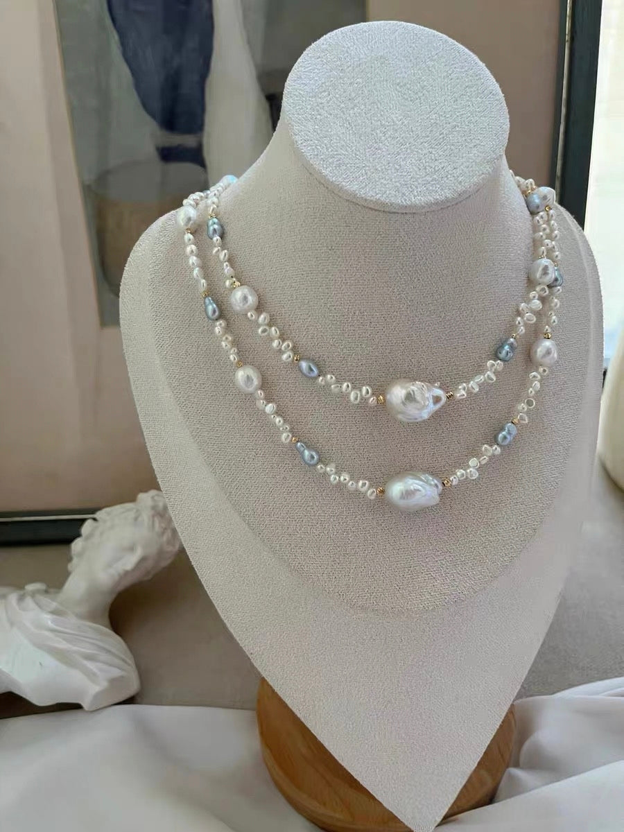 #PN1326 The Muse Edition | silver sunlight | Freshwater pearl necklace 44cm mid-sized mermaid baroque pearl white lustrous wrinkle baroque pearls hulu shaped treated grey color pearl baby petal pearls