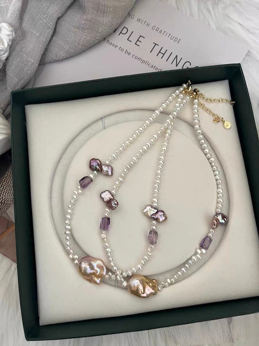 #PN1323 The Muse Edition | Freshwater pearl necklace 40cm+5cm pink-purple mermaid baroque pearl lustrous white baby pearls amethyst small freeform dark purple clover shaped pearls