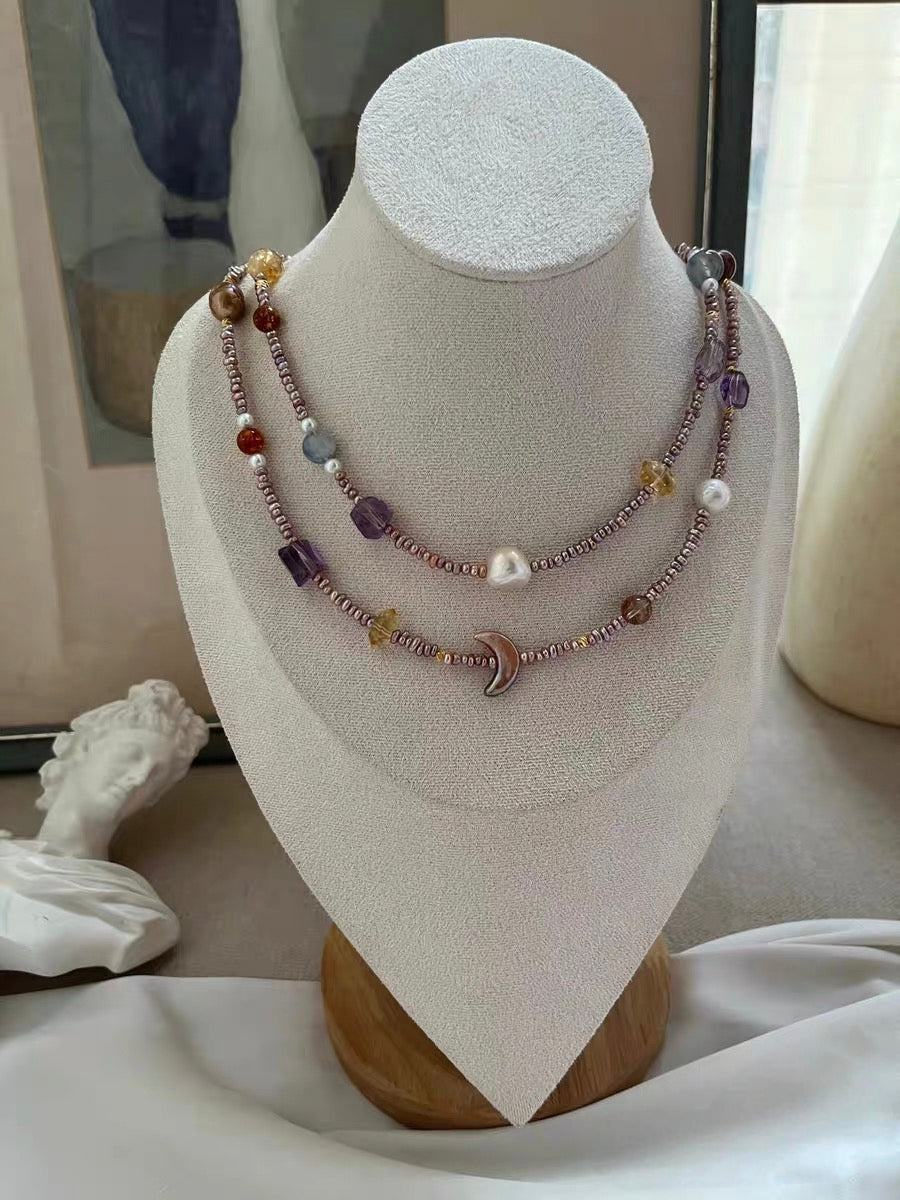 #PN1319 The Prism Edition| Vintage Autumn | Freshwater pearl necklace wrinkle baroque golden purple moon baroque amethyst amber kyanite citrine full sheen 2mm baby purple keshi pearls