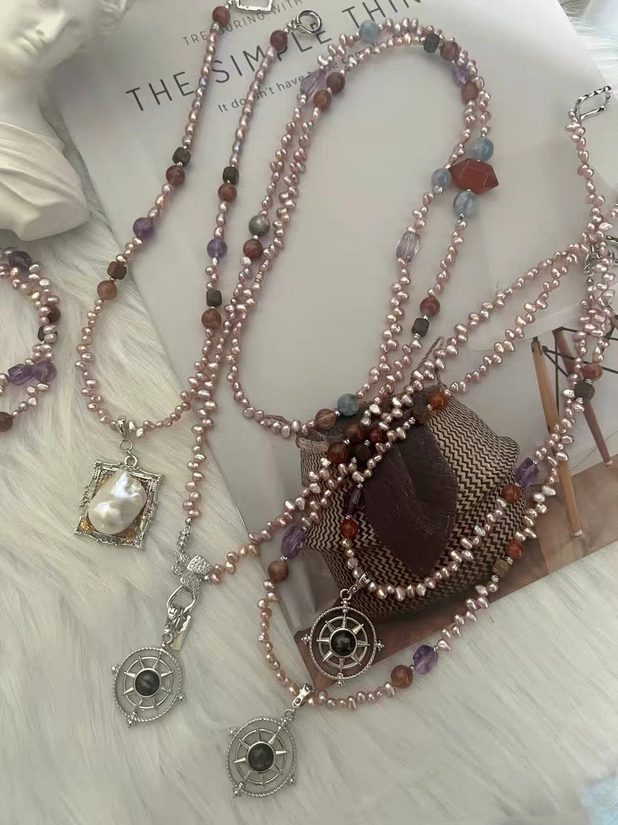 #PN1316 The Lumia Edition| Fortune turns | Freshwater pearl necklace & bracelet set | Hypersthene turn-able pendant detachable mermaid baroque frame pendant kyanite lepidolite amethyst small freeform sandal wood agate tower long sweater necklace