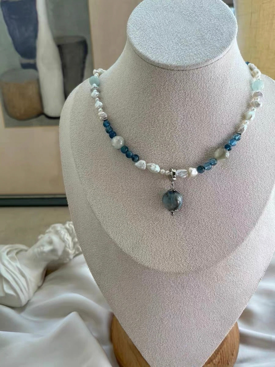 #PN1311 flowing light | Freshwater pearl necklace & bracelet set 2-layer 3-layer design baby pearls herkimer diamond quartz towers kyanite aquamarine amethyst citrine green lepidolite heart clasp