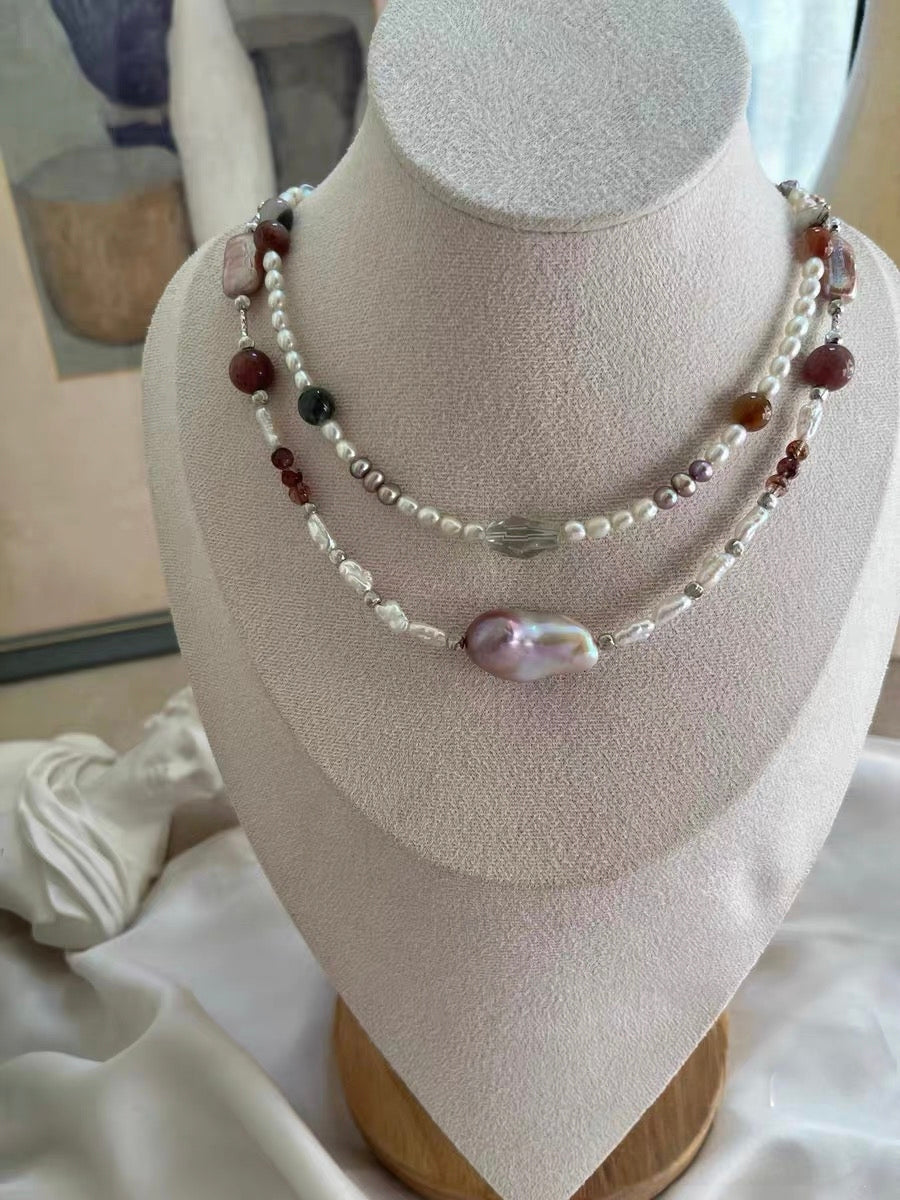 #PN1306 Effortless Chic | Freshwater pearl necklace fishtail baroque pearl green quartz colorful rabbit hair black gold super 7 silver stone baroque pearl
