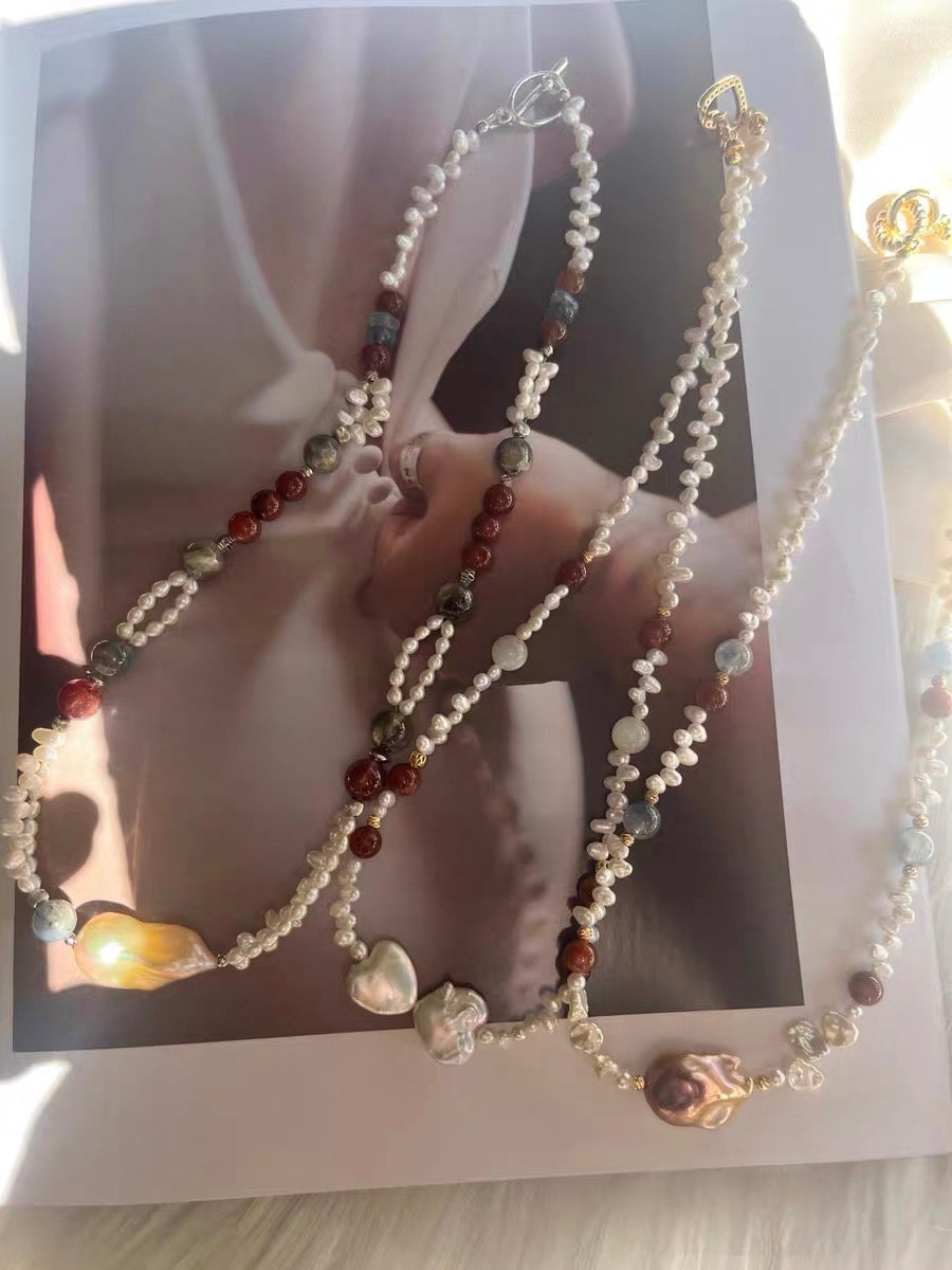 #PN1305 lace romance | Freshwater pearl necklace red-bean rabbit hair rutile quartz baby FW pearl lace designs heart baroque pearl kyanite aquamarine green mica mermaid baroque 2-layer