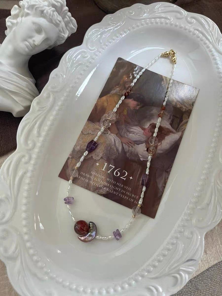 #PN1299 red moon | Freshwater pearl necklace 45cm-46cm lemon citrine moon baroque pearls fire quartz amethyst