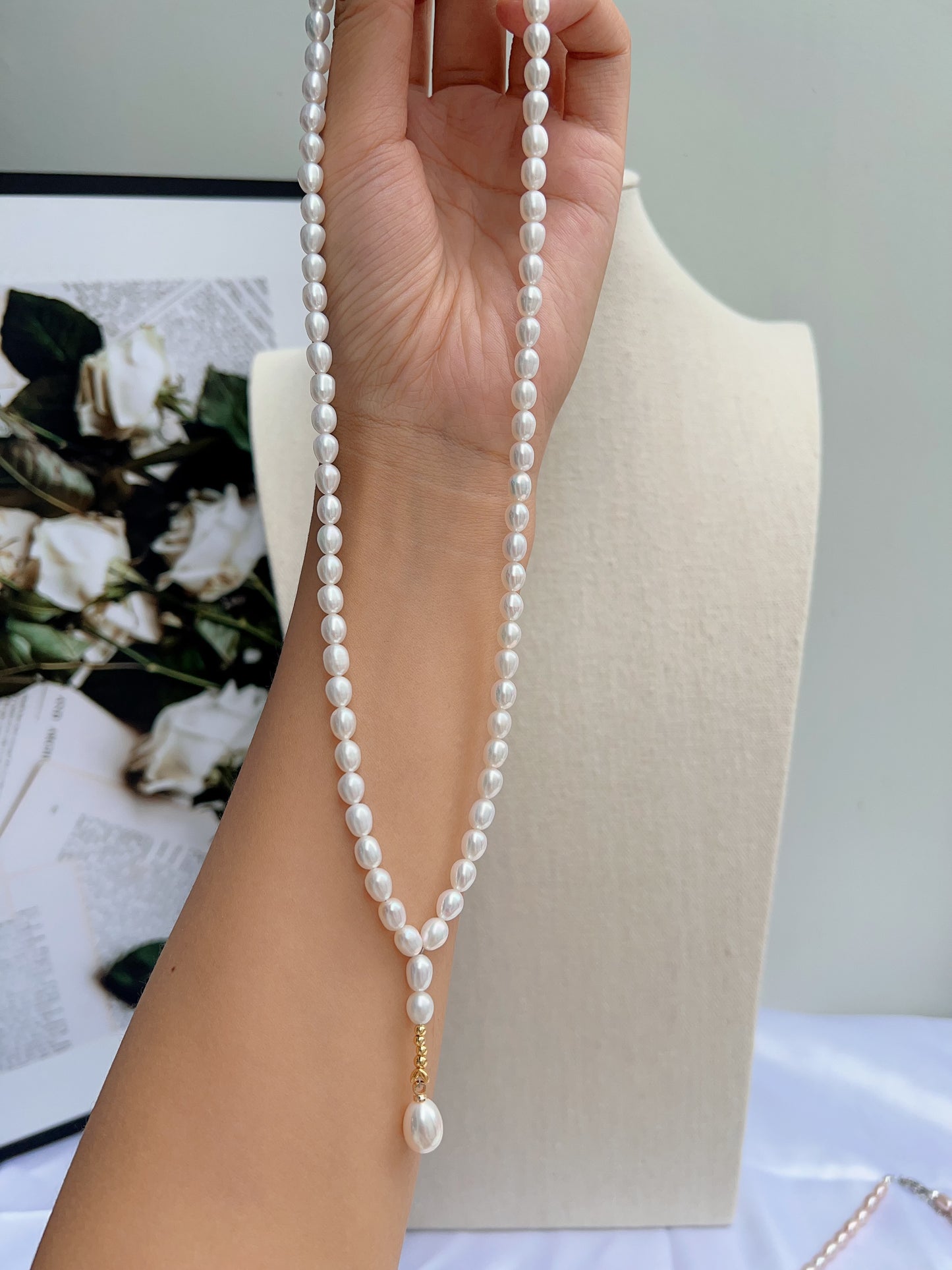 #PN1241 freshwater pearl necklace long Y shape necklace selected pearls white rice pearl high quality lustrous