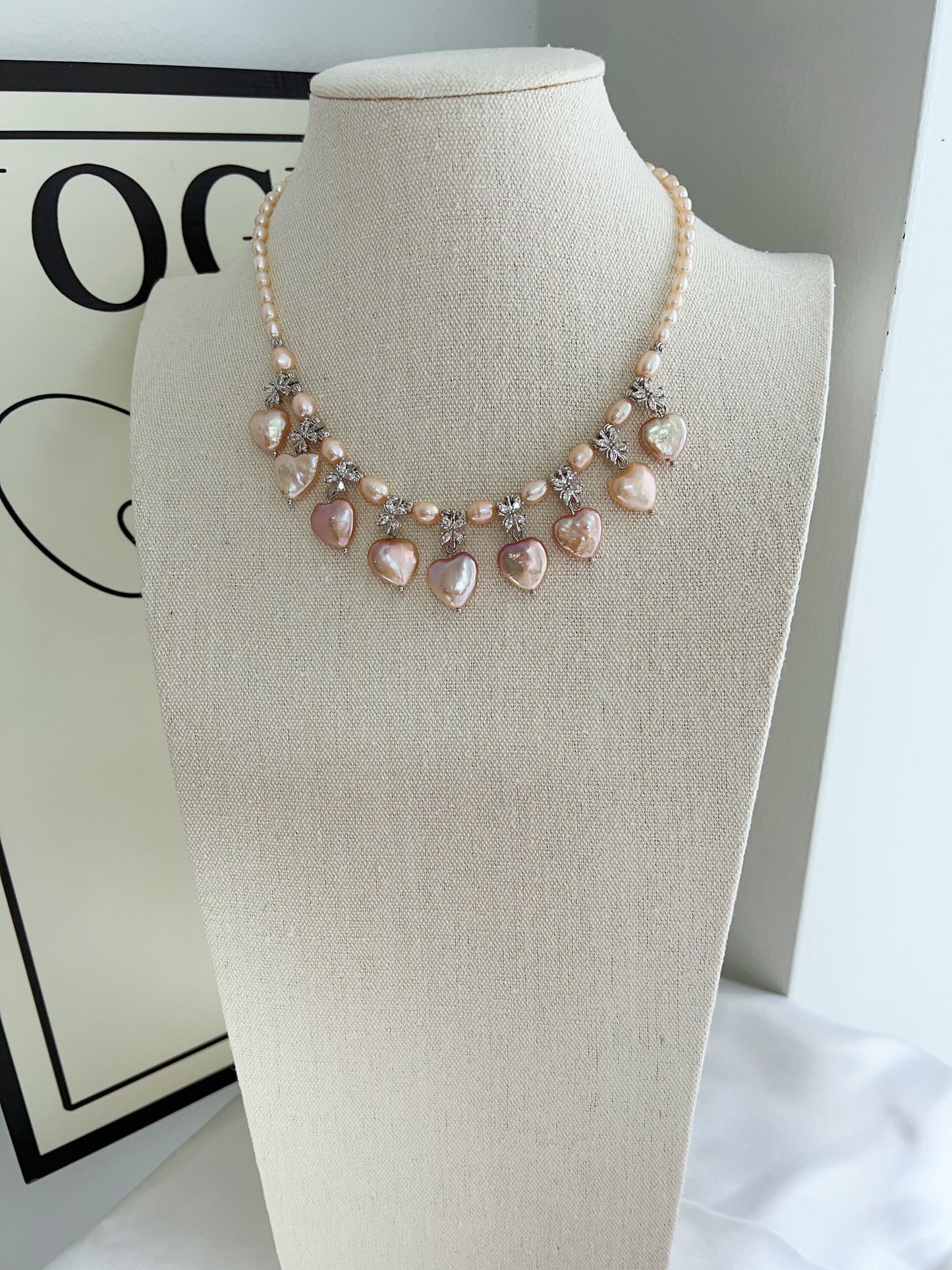 #PN1226 freshwater pearl necklace golden heart floral design ultimate lux superb lustre rare shape