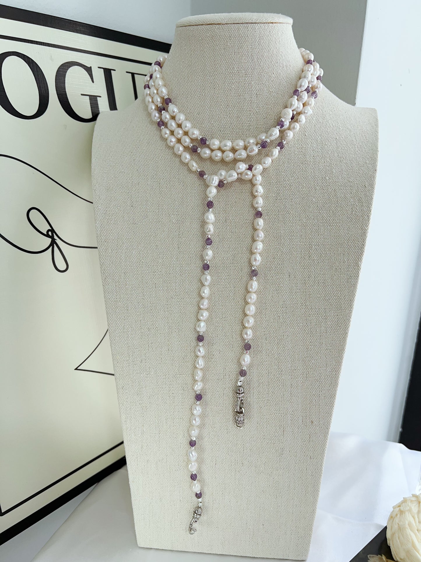 #PN1232 freshwater pearl necklace 162cm super long lustrous small baroque pearl amethyst multiple way of wearing