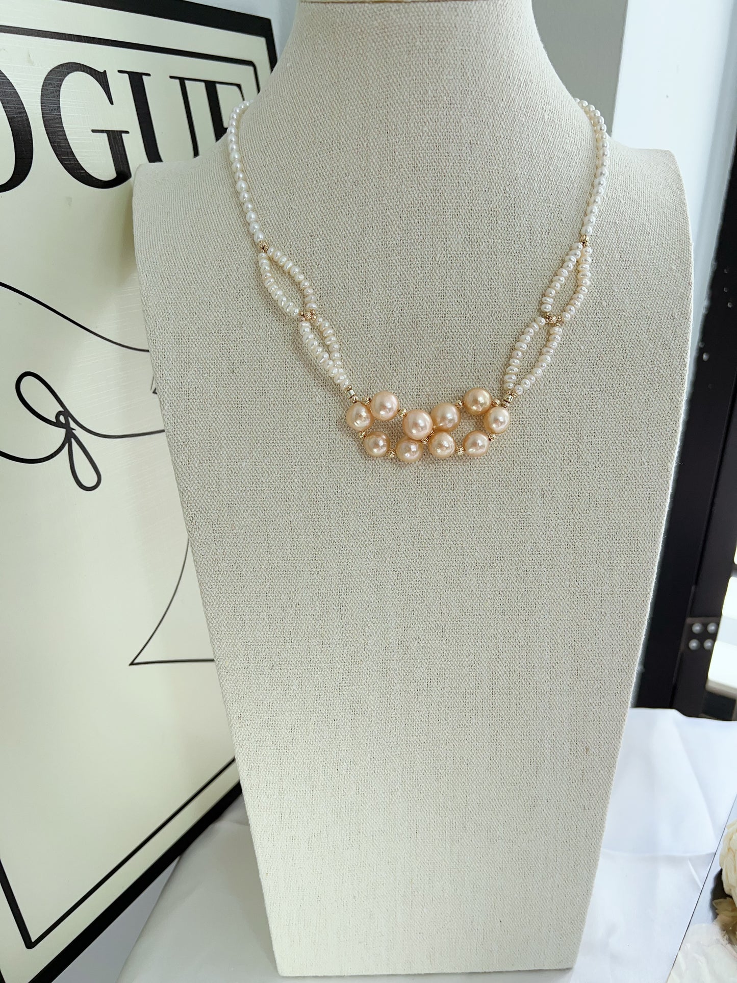#PN1219 freshwater pearl necklace 50cm connecting circles design braided 2-layered lustrous