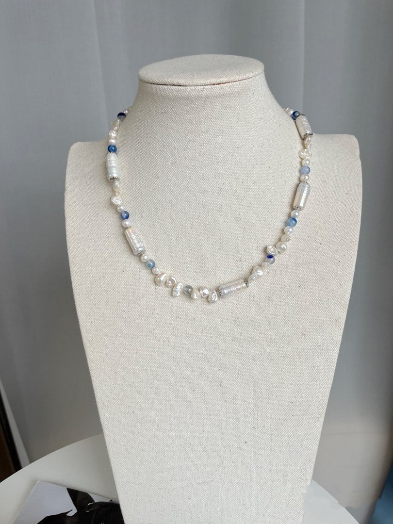 #PN449 Blue Pillars |Freshwater Pearl Necklace |Blue Agate|Mixed Shapes |Lustrous|Baroque Pearl