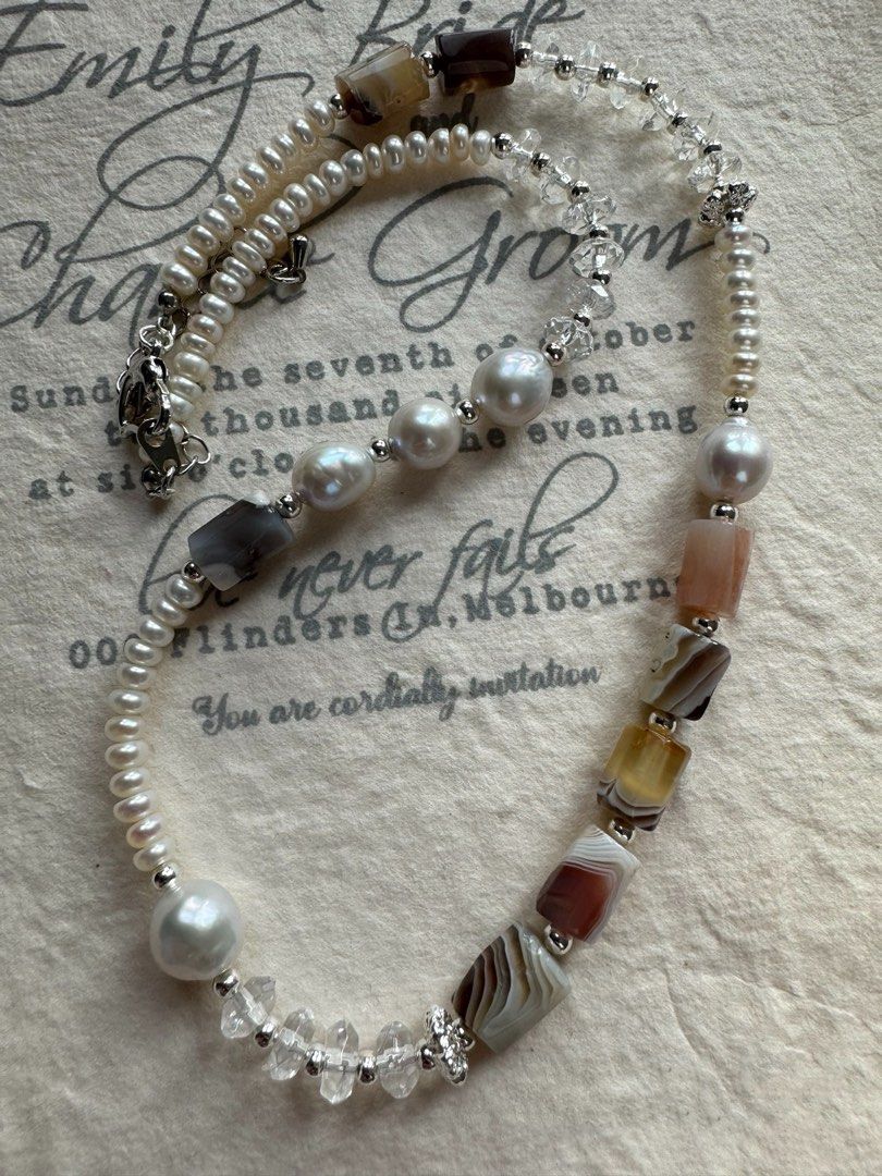 #PN490 Casual Chic| Freshwater Pearl Necklace | Patterned Agate| Lustrous Baroque Pearl |Baby Pearl | White Quartz