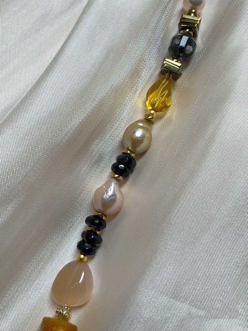 #PN553 Dark Pink|Freshwater Pearl Necklace |Sun Stone|Baroque Pearl |Natural Stones|Amber|Beeswax