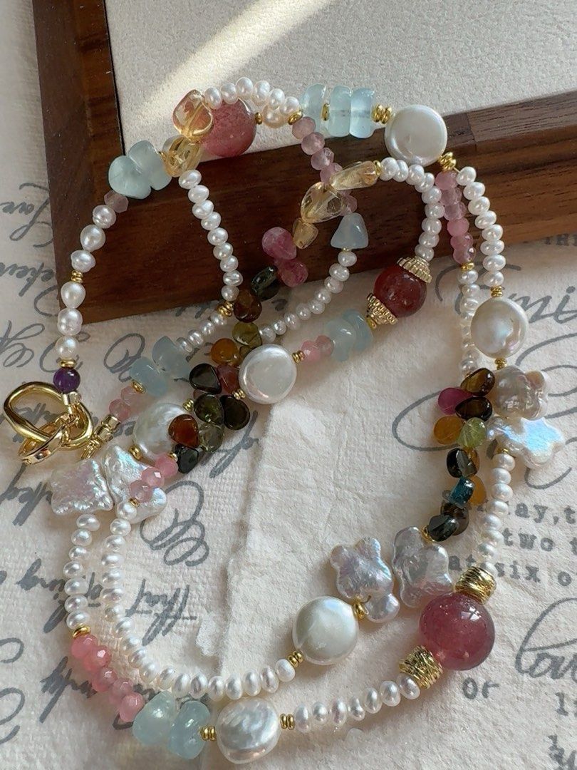 #PN485 Eclectic Mix|Freshwater Pearl Necklace |Double-layered|Tourmaline|Aquamarine|Strawberry Quartz |Coin Shaped Pearl