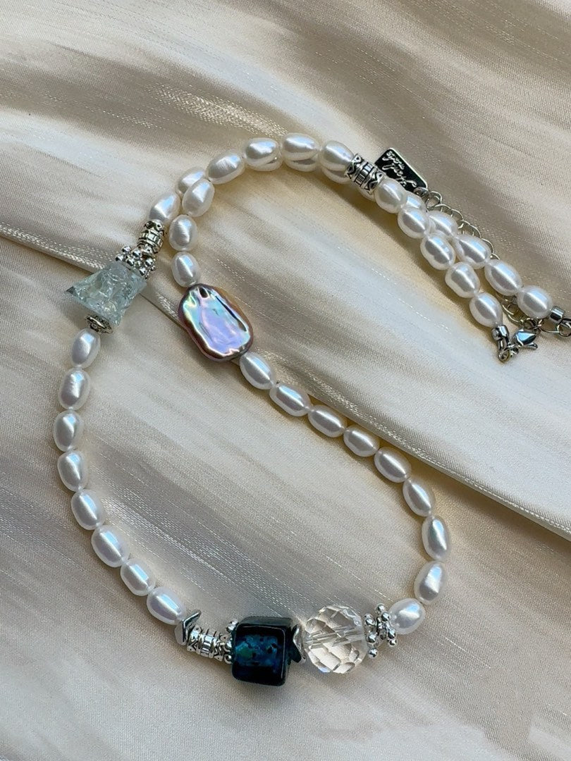 #PN446 White Purity |Freshwater Pearl Necklace |White Quartz |Opal Stone|Purple Square Pearl |Cool Silver