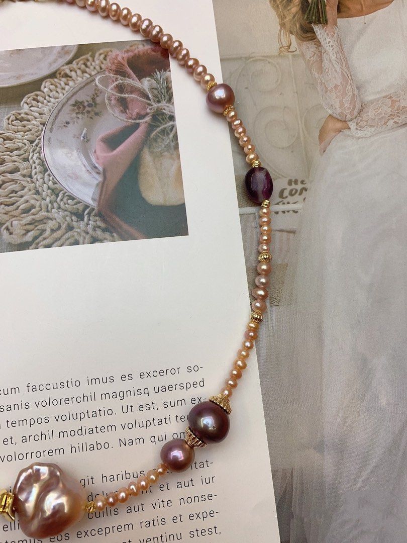 #PN565 Freshwater Pearl Necklace |Baby Pearls|Edison Pearl |Baroque Pearl | Champagne & Purple |Quartz