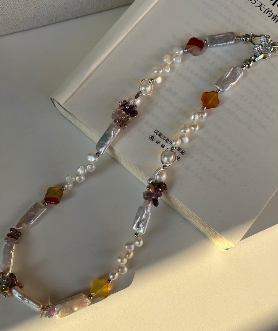 #PN532 Garden City |Freshwater Pearl Necklace |Quartz|Natural Stones|Petal Pearl |Rectangle Baroque Pearl