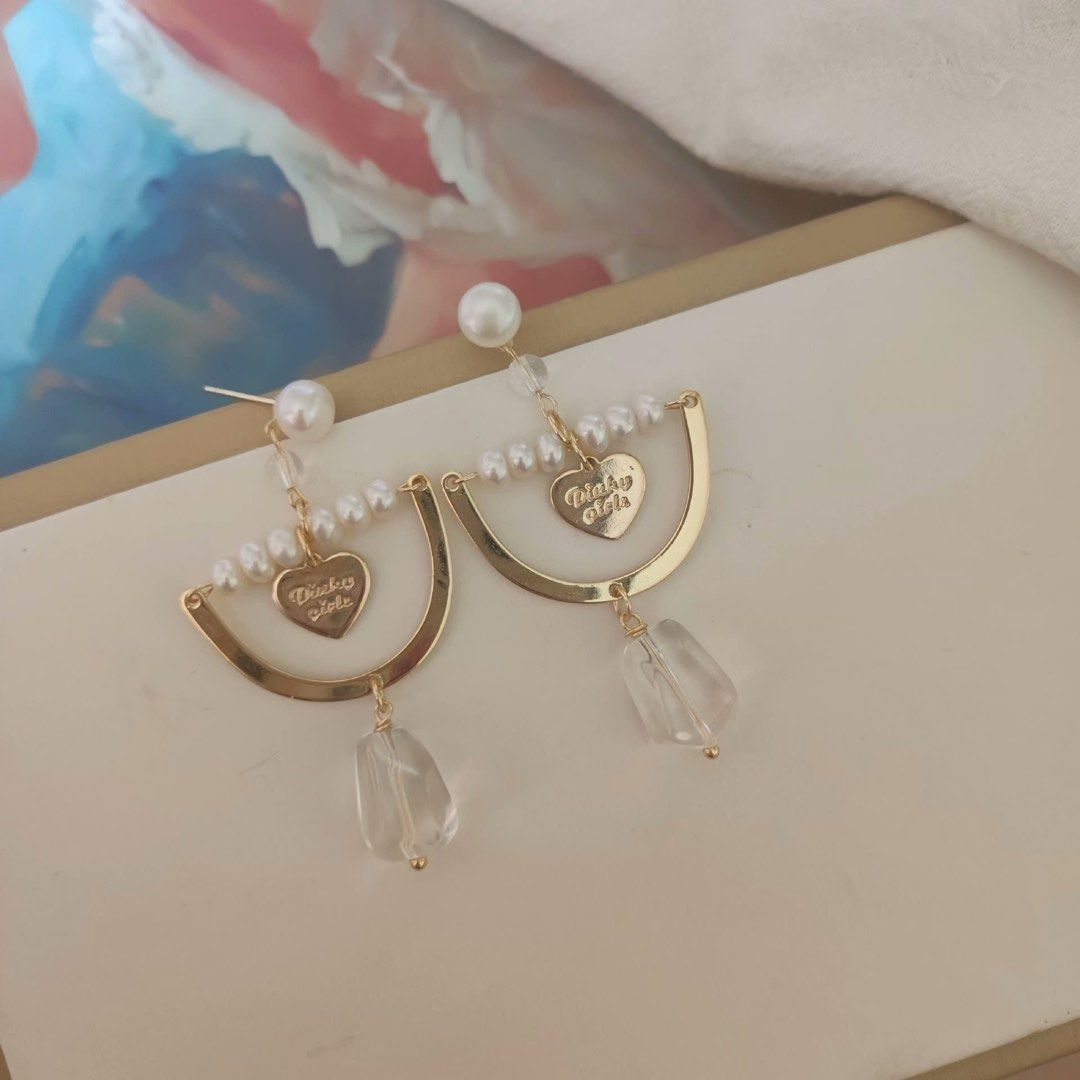 Hall of Tenders| Freshwater Pearl Earrings | Dangling Design| Angle Charms| Clear Quartz Freeform | Heart Charm| Handmade | Original Pieces