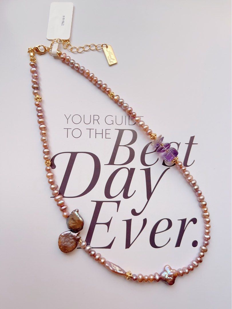 #PN500 Industrial Raw| Freshwater Pearl Necklace |Purple Quartz | Purple Baroque Pearl |Excellent Metallic Luster