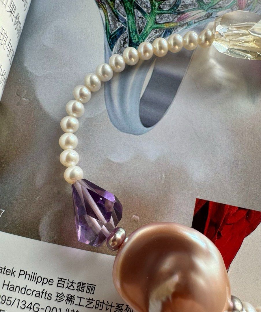 #PN460 Love Story |Freshwater Pearl Necklace |Flawless Baby Pearl|Yellow Quartz |Purple Quartz |Big Purple Baroque Pearl |Dark Purple Coin Pearl |Amber
