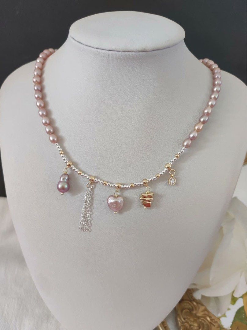 #PN521 Metallic Dripping |Freshwater Pearl Necklace |Heart, Gourd Shaped Pearl |Metallic Lustre |Flawless Rice Pearl |Silver & Golden Colour Mixed