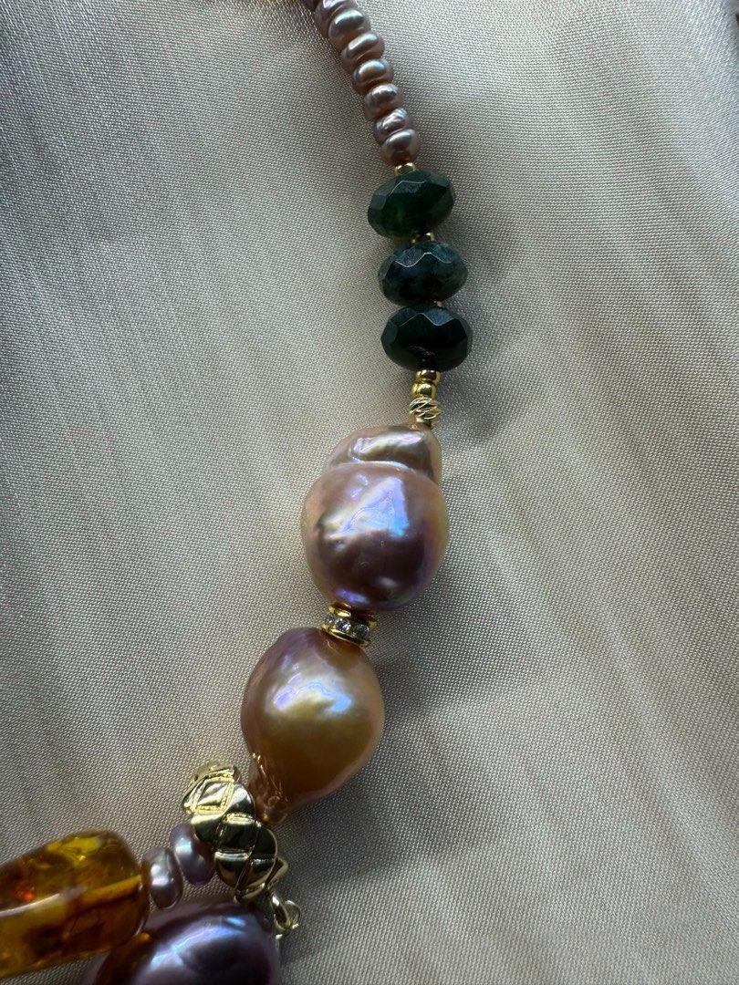 #PN462 Night Elf|Freshwater Pearl Necklace |Big Purple Baroque Pearl |Wrinkled Pearl |Removable Pendant |Jade|Amber|Purple, Yellow Quartz |Lute Pearl