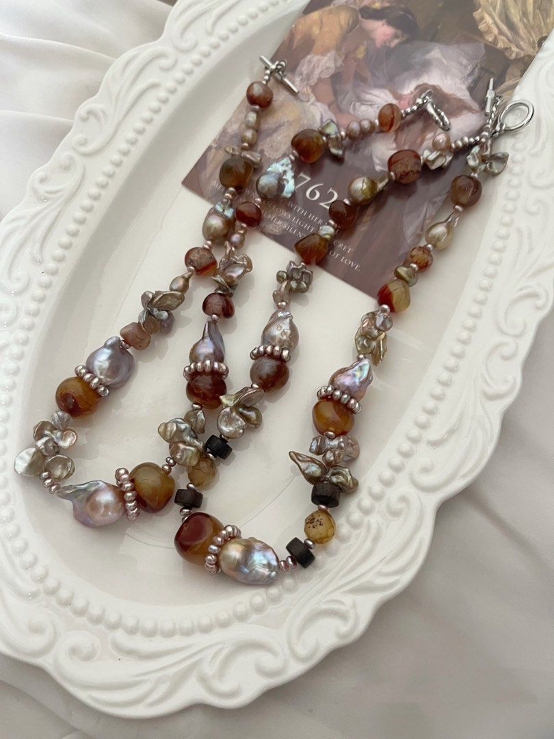 #PN1004 Freshwater Pearl Necklace | Maillard Colour Palette | Old-mine Agate| Pearl Ring| Vintage Golden Fishtail Baroque | Copper Lustre Butterfly Baroque Pearl | Brown Sugar Chocolate