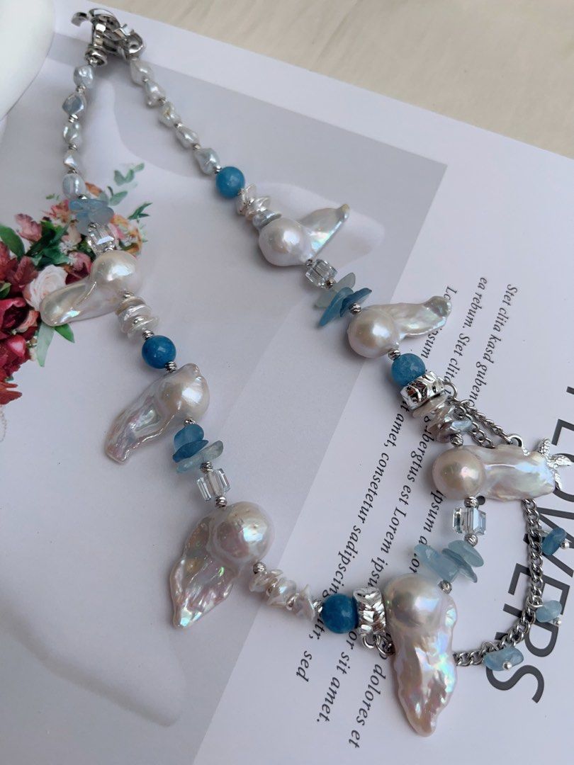 #PN1012 Freshwater Pearl Necklace & Earrings Set| Heart of the Ocean| Fishtail Baroque | Aquamarine Chips| Blue Apatite | Petals| 43cm| Modern Classic