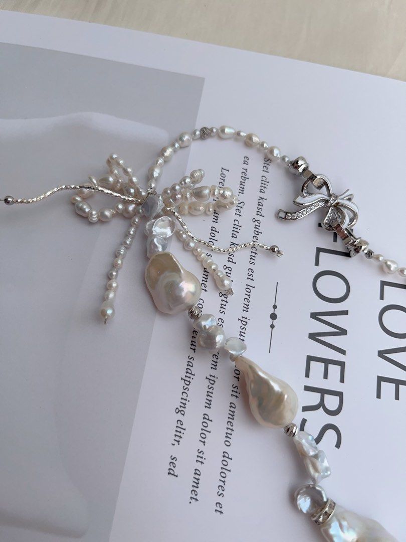 #PN1014 Freshwater Pearl Necklace | Butterfly 🦋 Loves Flowers 🌷 | Double Layer Ribbon 🎀 | Lustrous Fishtail Baroque | Silver Stone Pearl | 42cm| Gift Her Glam