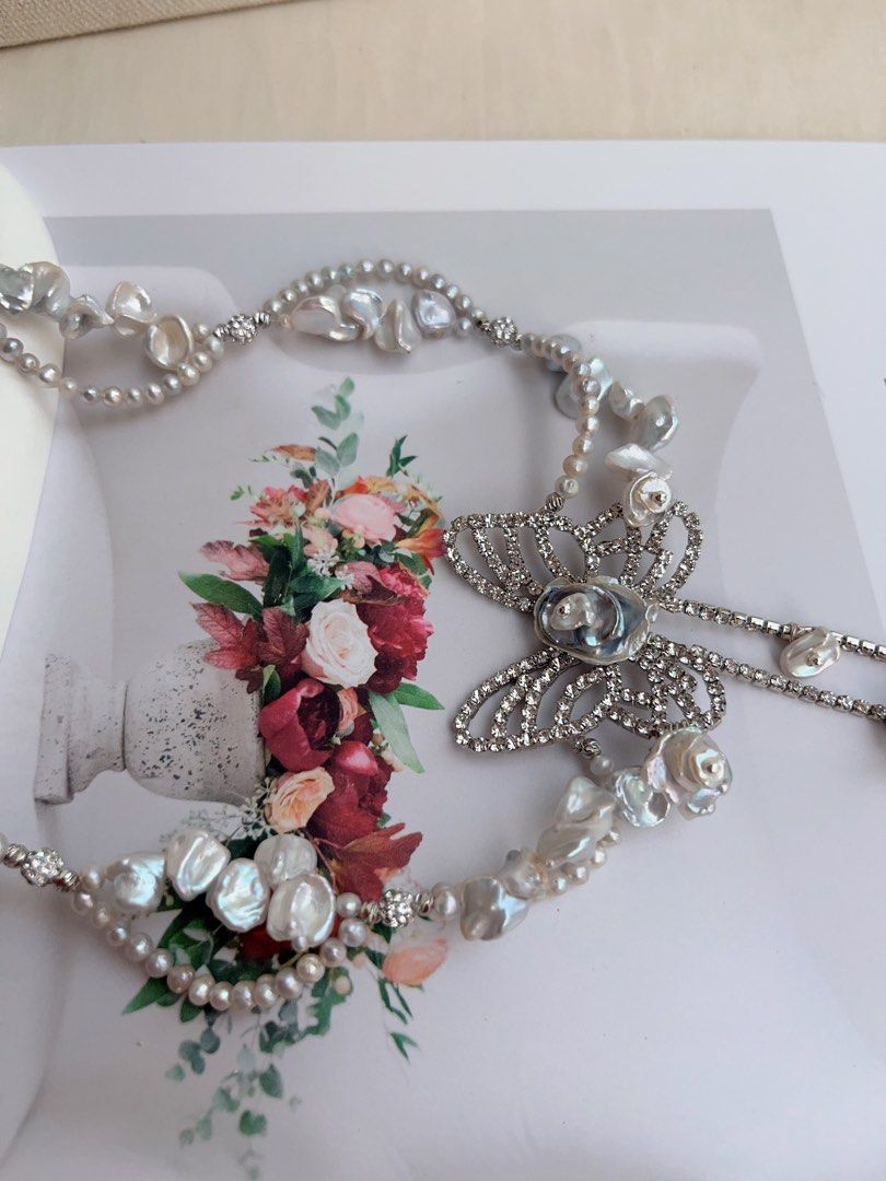 #PN1016 Freshwater Pearl Necklace | Flying Butterfly 🦋 | Silver-blue Pearl Stone| Baby Pearl Lace| 42cm| Big Butterfly | Dangling Shining | Everyday Luxury
