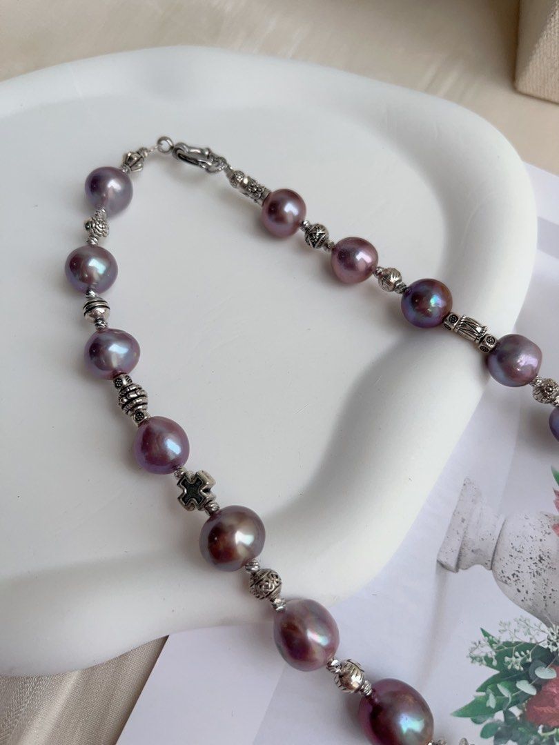 #PN1020 Freshwater Pearl Necklace | Big Blueberry Purple Baroque Pearl | Cross| Dark Purple Metallic Lustre | Sweet & Cool| 43cm| Lustrous | Rare| Cannot Resist