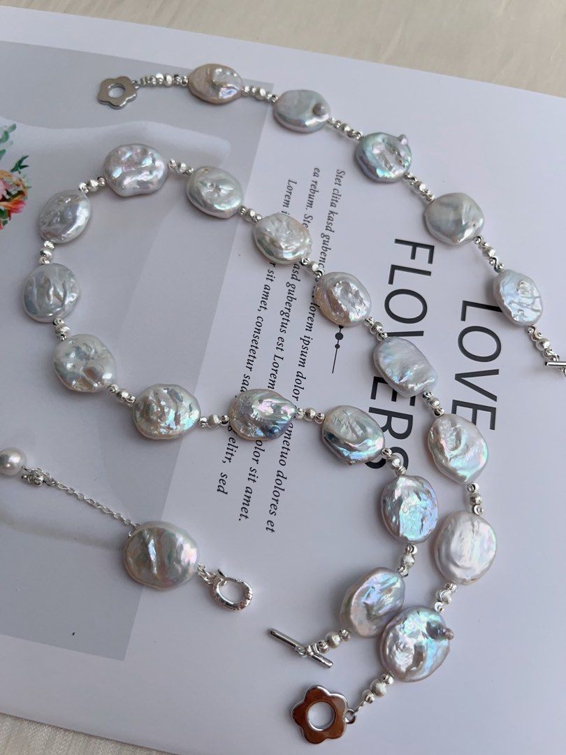 #PN1024 Freshwater Pearl Necklace & Bracelet Set | Detachable Pendant | Cold Silver-blue Lustre| Square Baroque | Can Connect to Wear As Long| the Hidden Character Inside You