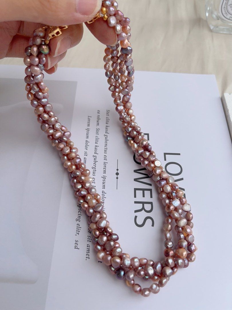 #PN1028 Freshwater Pearl Necklace | 4-layer Pearl Stone Winding design| Lustrous | Dark Purple | Natural Flaws| 40cm| High Value| Irregular Baroque | Halo of Elegance