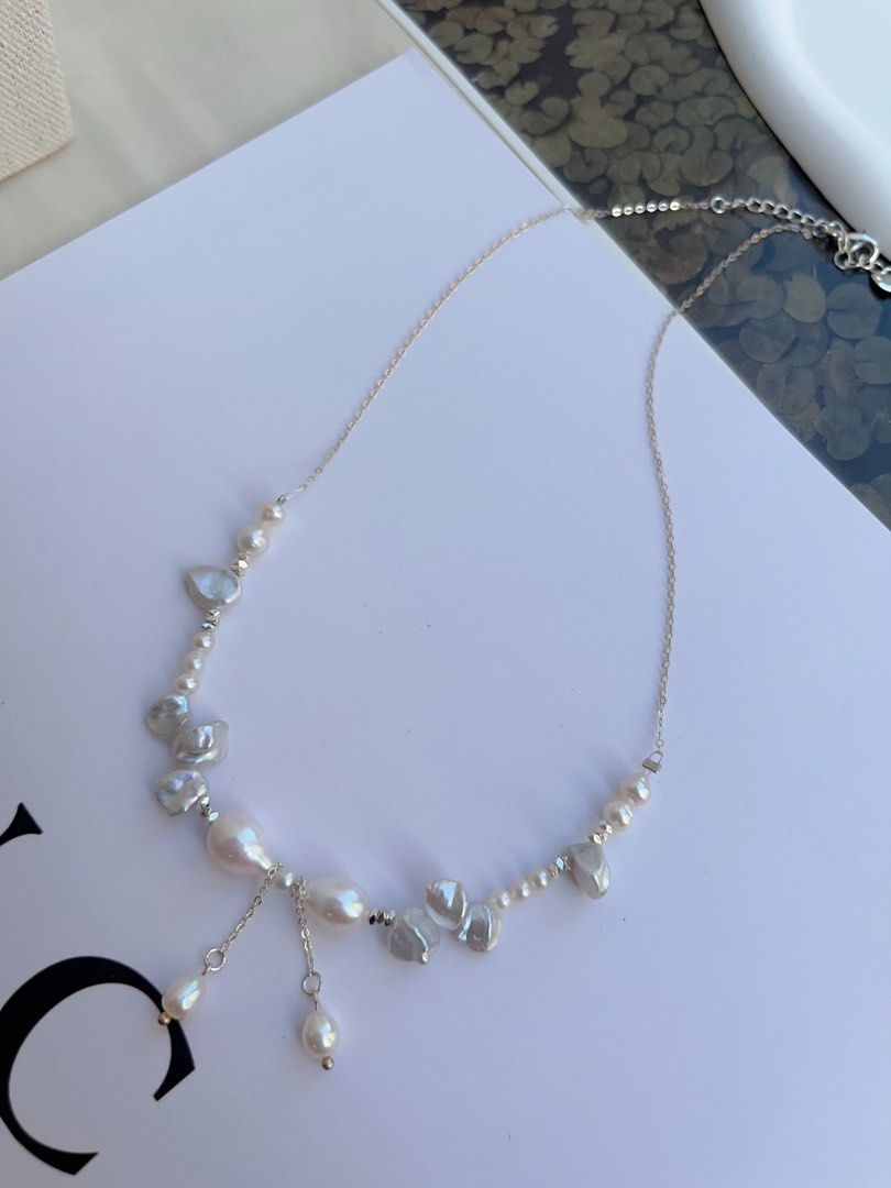 #PN1046 Freshwater Pearl Necklace | Irregular Silver Pearl Stone| Bow Tie Design | Lustrous | Chain Necklace | Dangling | Dainty & Fairy