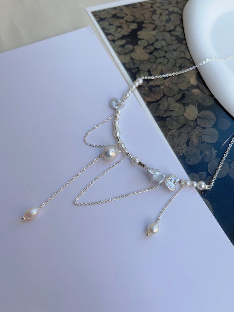 #PN1047 Freshwater Pearl Necklace | Pearl Silver Stone | Dangling Pearl | Chain| Fairy Like| Dainty| As Light as Wind