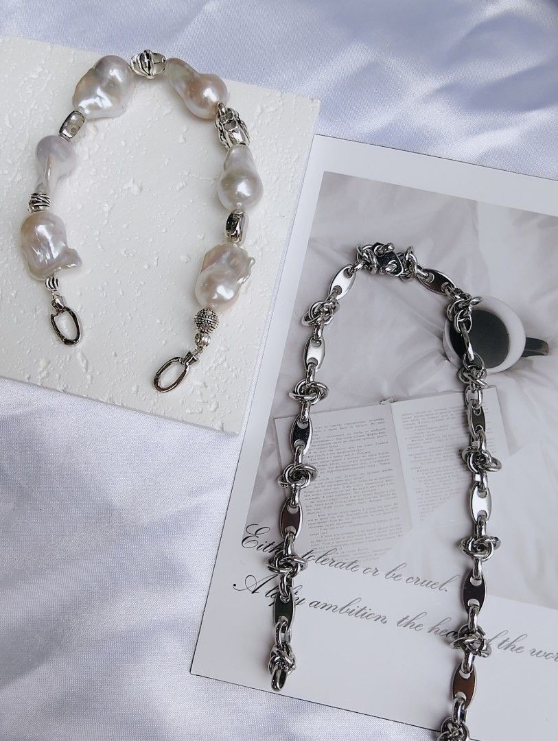 #PN1054 Freshwater Pearl Necklace | Cool Silver Style | Can Wear as Bracelet | 2-in-1| Half Chain Half Pearl| Fishtail Baroque | Natural Flaws| Vintage in Modern Fashion | Christmas Gift 💝