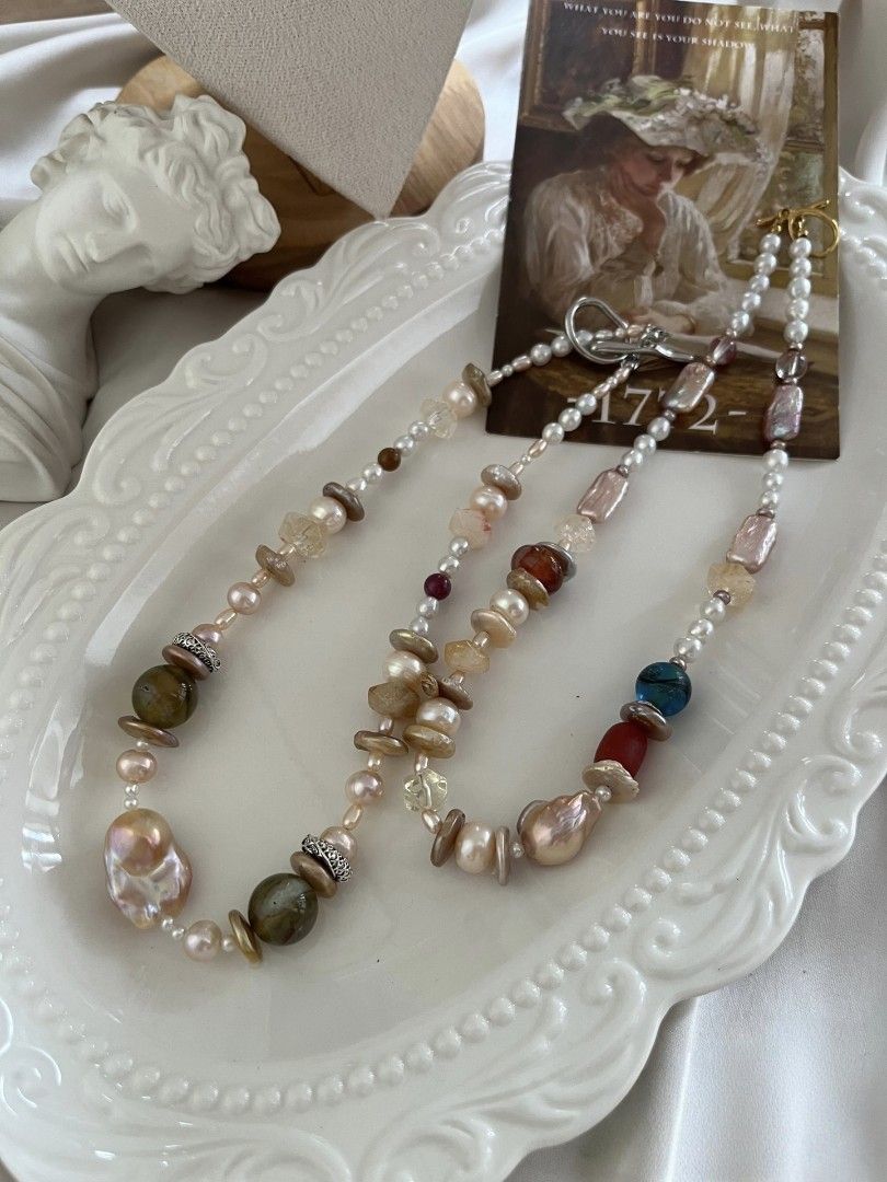 #PN1071 Freshwater Pearl Necklace| Vacation Time| Big Champagne Fishtail Baroque Pearl| Golden Coin Pearl| Tsavor| Citrine Faceted| 45cm| Christmas 🎄 Gift
