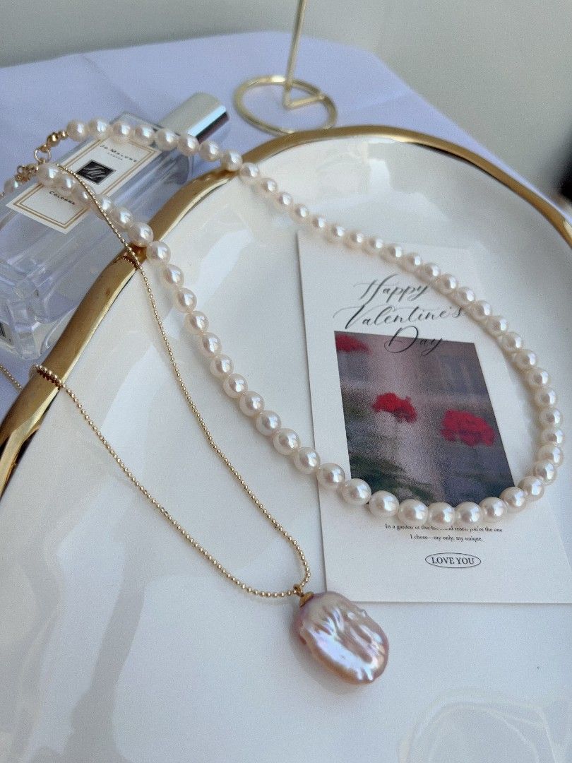 #PN1096 Freshwater Pearl Necklace Set | 2-pc Set| 6mm White Potato Shape Baroque Pearl| 14*18mm Purple Golden Square Baroque Pearl Pendant Necklace| Heart ❤️ Clasp| Anniversary Gift 🎁| You Are Beautiful