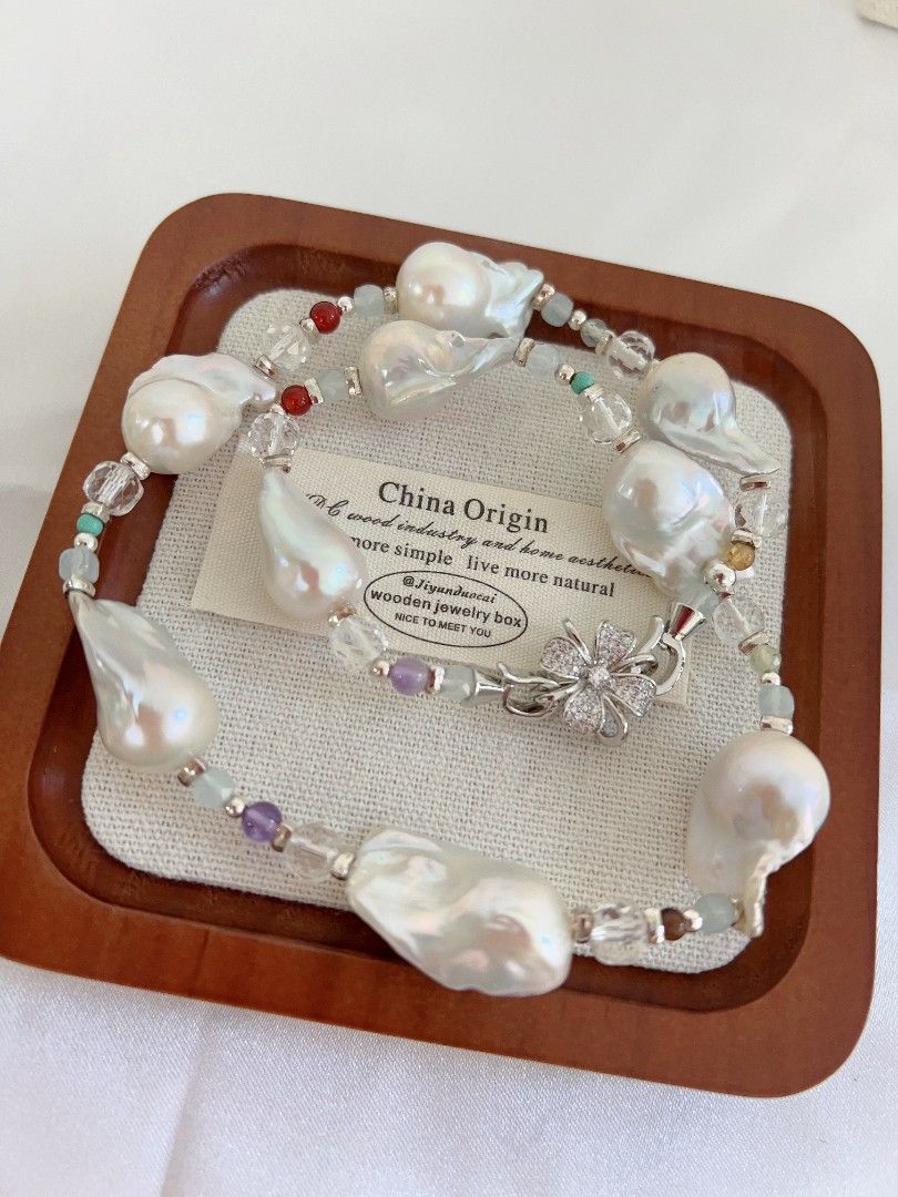 #PN1156 Freshwater Pearl Necklace & Earrings Set| Cold Silver Lustre Fishtail Baroque Pearl| Agate, Aquamarine, Amethyst| Fresh Breeze in Summer| New Design| S925 Spacers