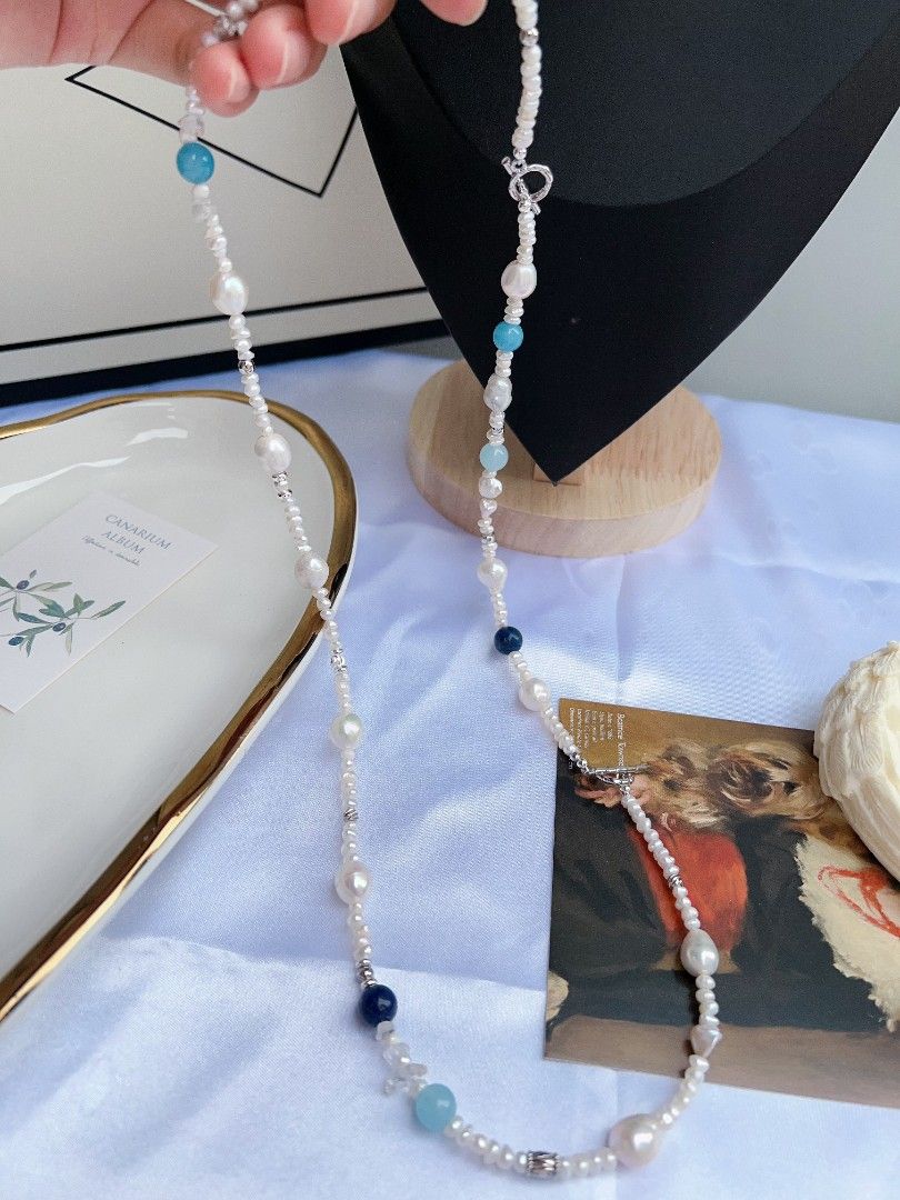 #PN1173 Freshwater Pearl Necklace & Bracelet Set| Baby Pearl| Wrinkle Baroque| Aquamarine| Blue Apatite| Good Quality| Casual Style| Christmas Gift 💐