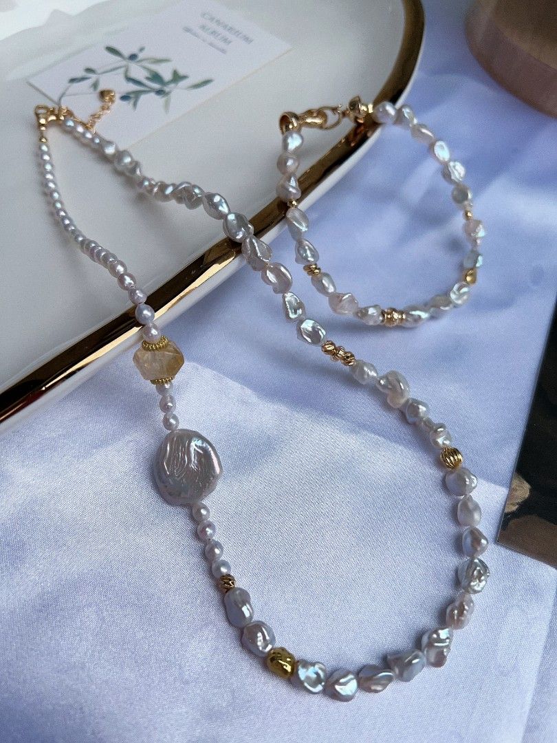 #PN1175 Freshwater Pearl Necklace & Bracelet Set| Silver Stone Pearl| Big Petal| Citrine| Elegance & Simplicity| Popular Design| Only One Set| Gift 💐 Choice
