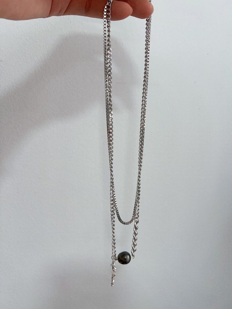 #PN1176 Saltwater Pearl Necklace| Tahitian| Cross Pendant|2-layer Chain Necklace| Clean & Cool Design| Minimalism