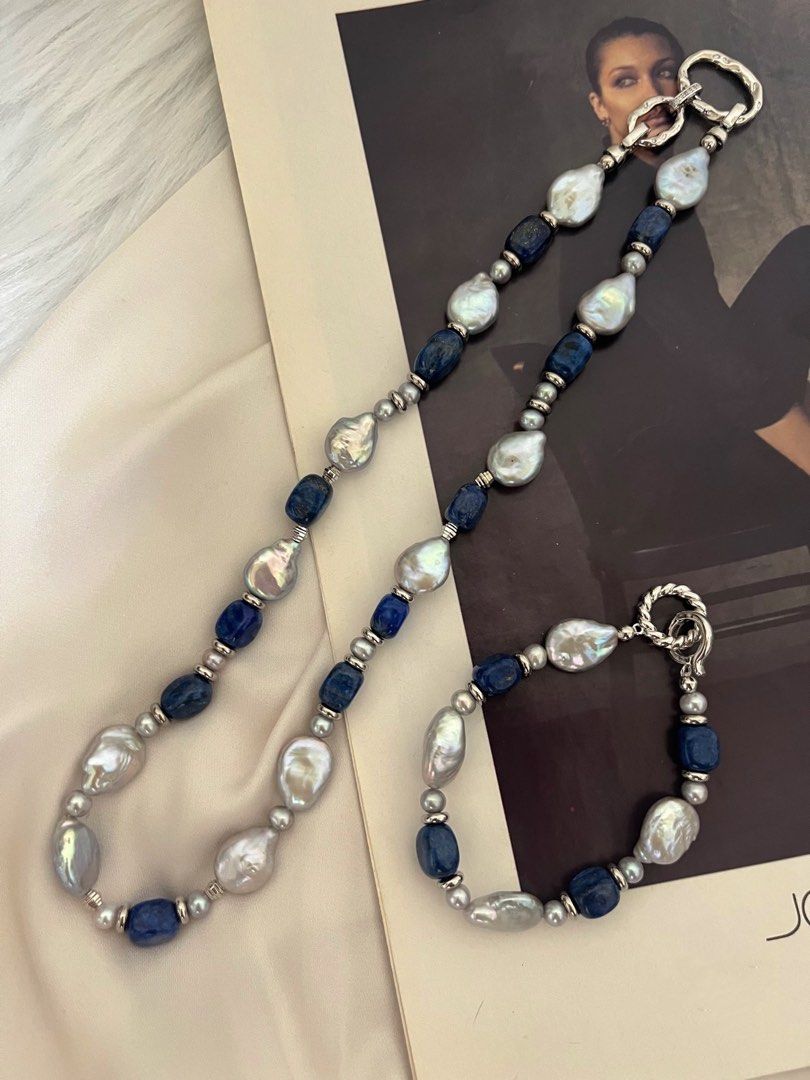 #PN625 Cosmic Lights| Freshwater Pearl Necklace & Bracelet Set| Elec-Treated Colour | Lapis Lazuli Square | Water-drop Pearl