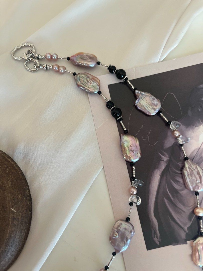 #PN629 Freshwater Pearl Necklace | Long Necklace | 75cm| Metallic Purple Rectangle Pearl | Clear Quartz | Black Agate