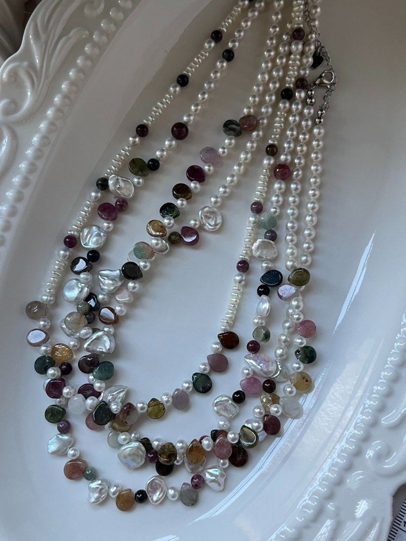 #PN632 Freshwater Pearl Necklace | Petal Pearl & Teardrop Tourmaline | Baby Pearl | Colourful